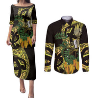 Yellow New Zealand Kowhai And Piwakawaka Couples Matching Puletasi and Long Sleeve Button Shirt Maori Ngaru Paua Shell