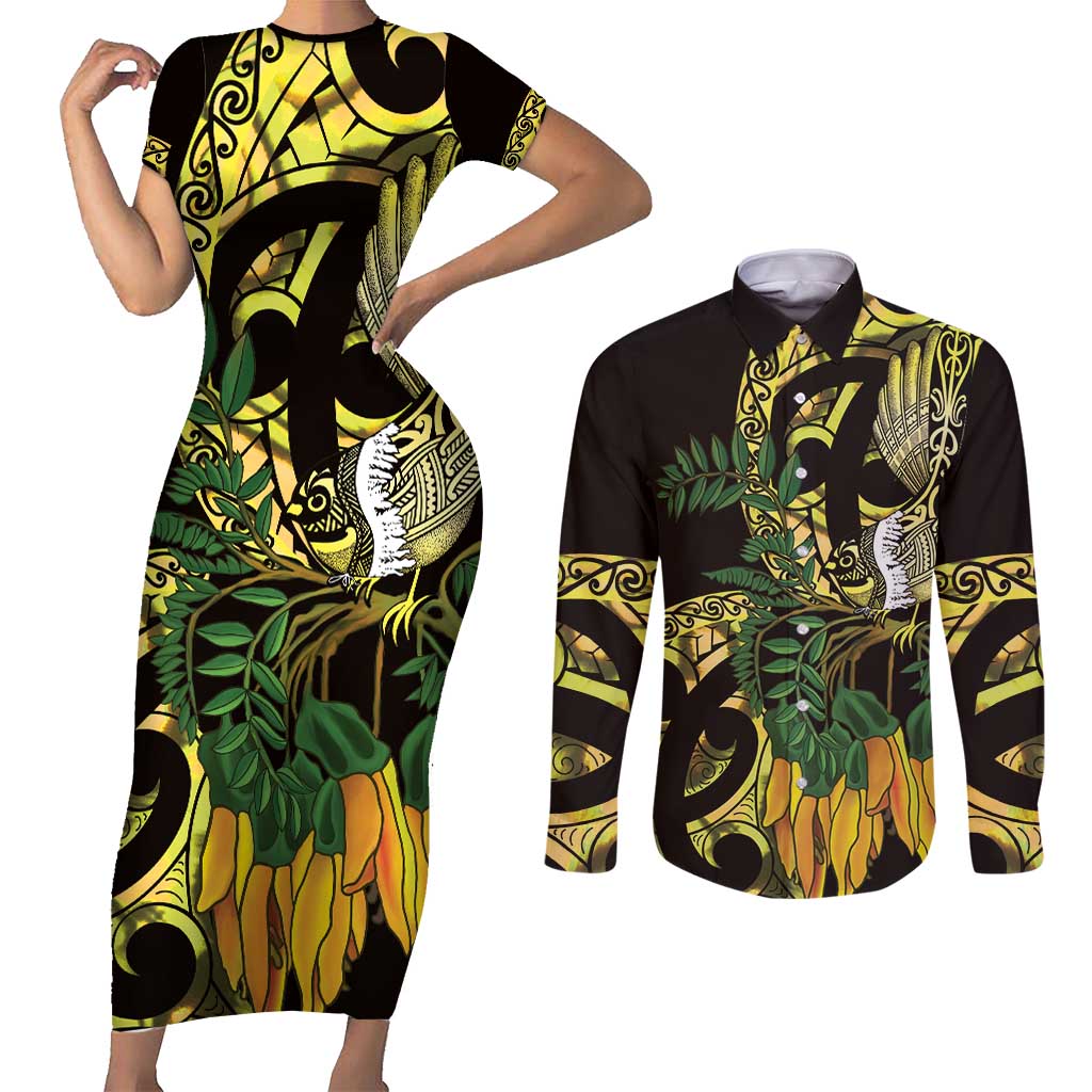 Yellow New Zealand Kowhai And Piwakawaka Couples Matching Short Sleeve Bodycon Dress and Long Sleeve Button Shirt Maori Ngaru Paua Shell