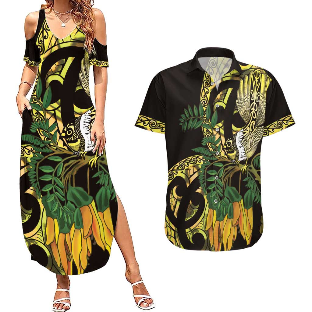 Yellow New Zealand Kowhai And Piwakawaka Couples Matching Summer Maxi Dress and Hawaiian Shirt Maori Ngaru Paua Shell