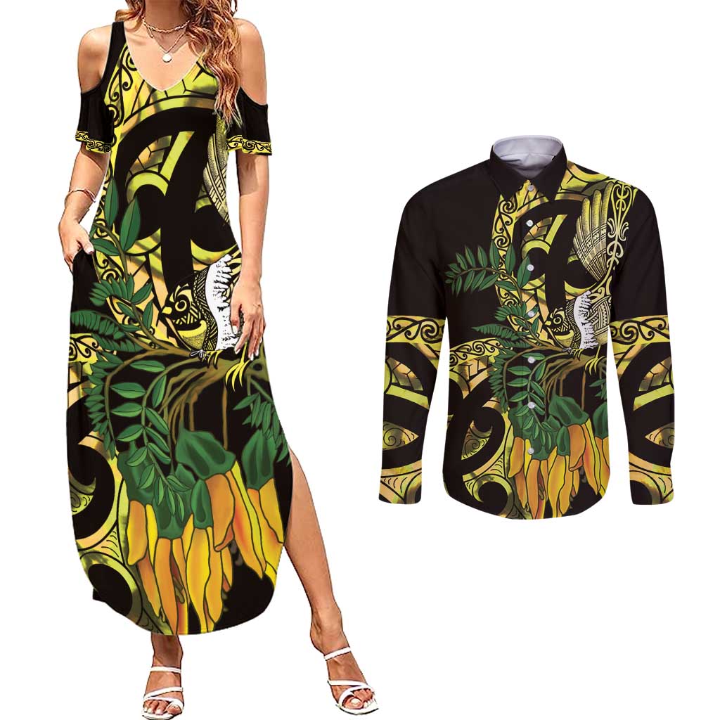 Yellow New Zealand Kowhai And Piwakawaka Couples Matching Summer Maxi Dress and Long Sleeve Button Shirt Maori Ngaru Paua Shell