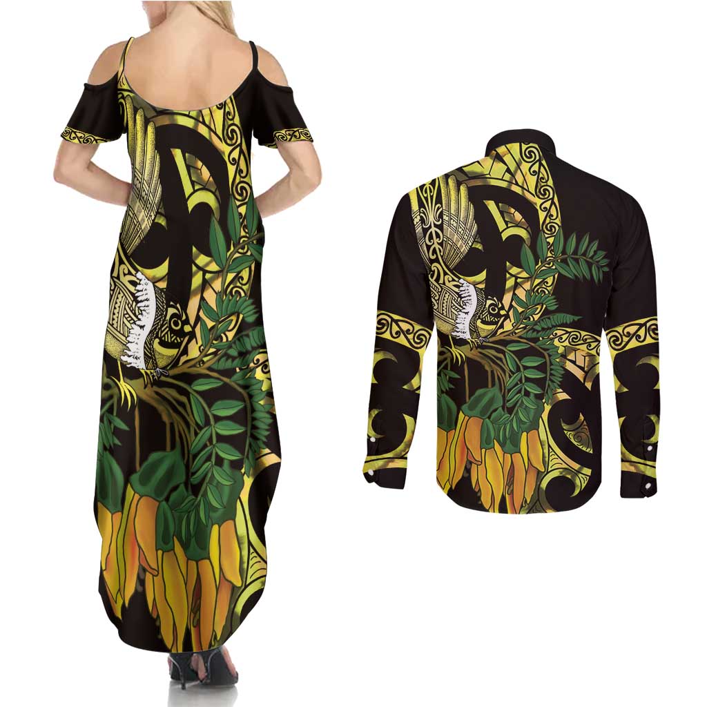 Yellow New Zealand Kowhai And Piwakawaka Couples Matching Summer Maxi Dress and Long Sleeve Button Shirt Maori Ngaru Paua Shell