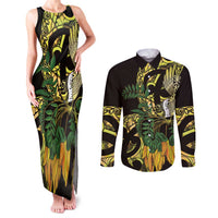 Yellow New Zealand Kowhai And Piwakawaka Couples Matching Tank Maxi Dress and Long Sleeve Button Shirt Maori Ngaru Paua Shell