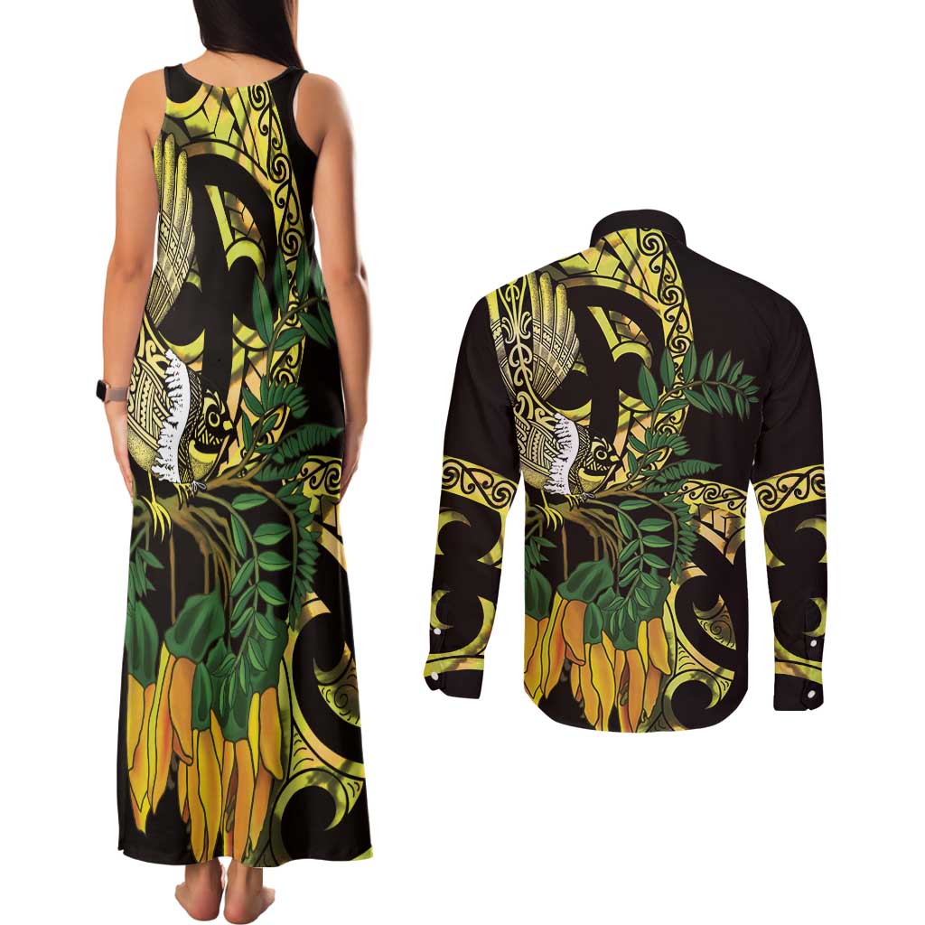 Yellow New Zealand Kowhai And Piwakawaka Couples Matching Tank Maxi Dress and Long Sleeve Button Shirt Maori Ngaru Paua Shell