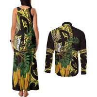 Yellow New Zealand Kowhai And Piwakawaka Couples Matching Tank Maxi Dress and Long Sleeve Button Shirt Maori Ngaru Paua Shell