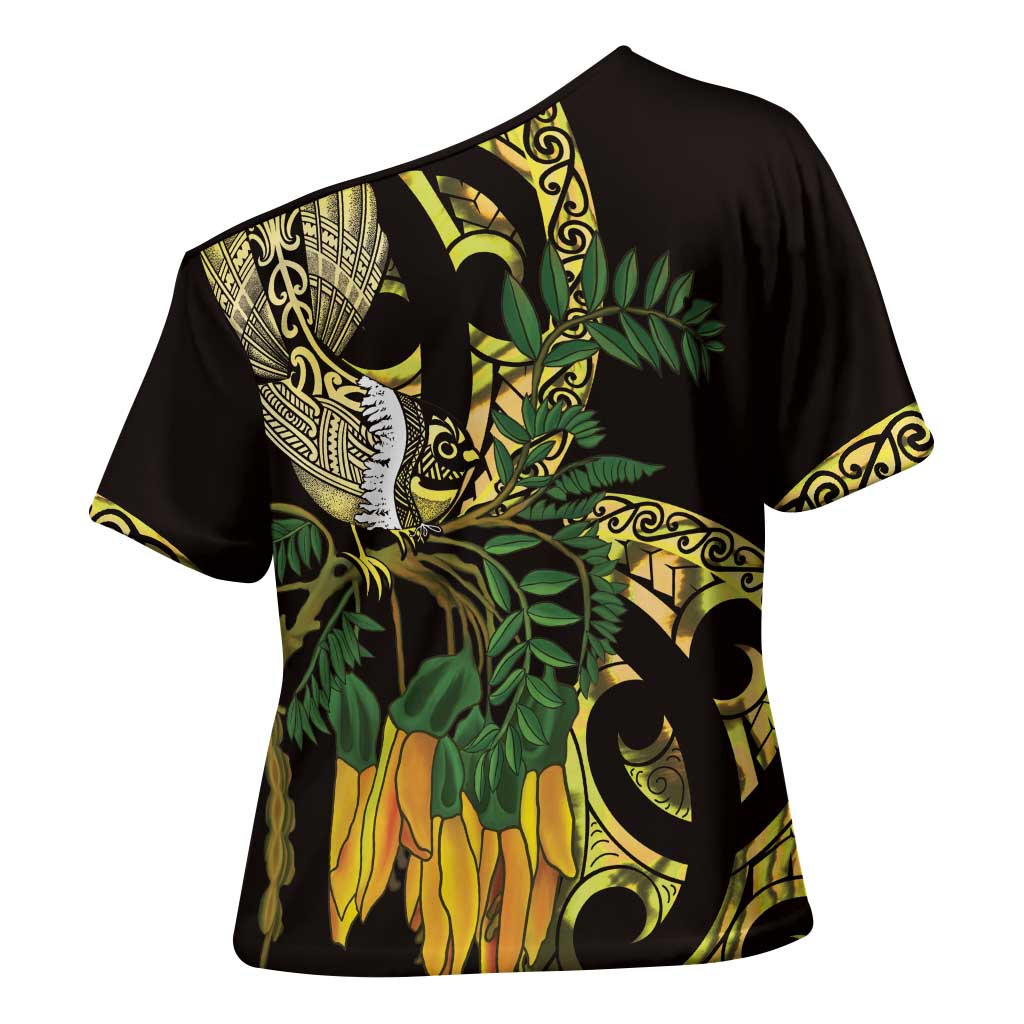 Yellow New Zealand Kowhai And Piwakawaka Cross Shoulder Shirt Maori Ngaru Paua Shell - Polynesian Pride