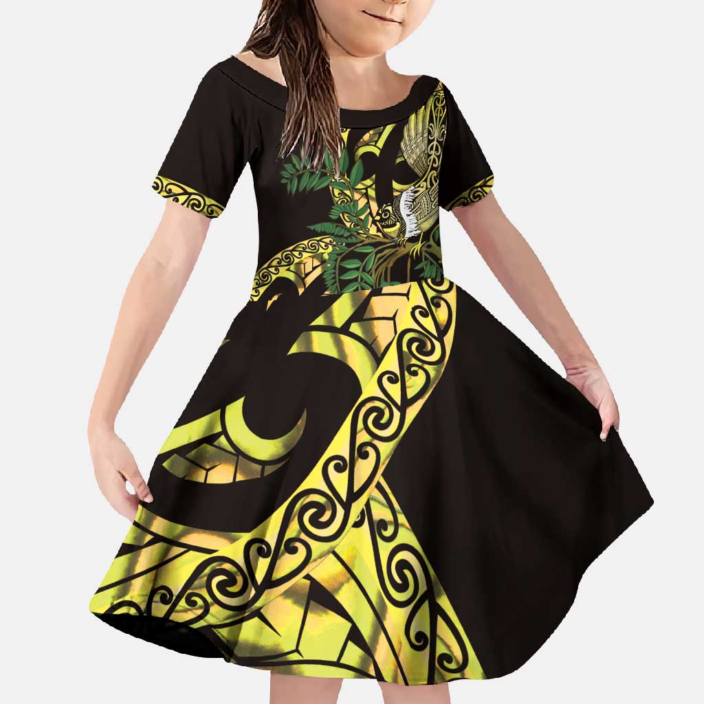 Yellow New Zealand Kowhai And Piwakawaka Family Matching Long Sleeve Bodycon Dress and Hawaiian Shirt Maori Ngaru Paua Shell