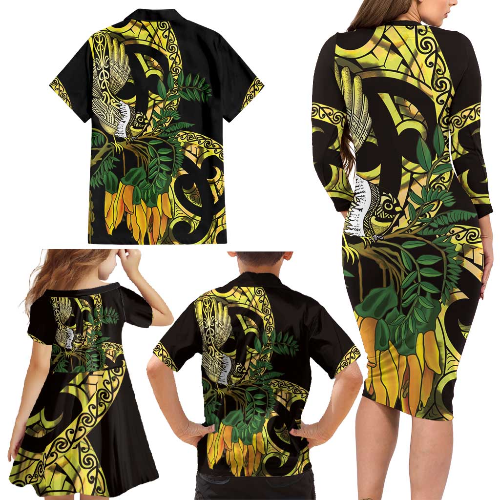 Yellow New Zealand Kowhai And Piwakawaka Family Matching Long Sleeve Bodycon Dress and Hawaiian Shirt Maori Ngaru Paua Shell