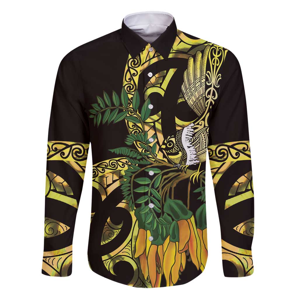 Yellow New Zealand Kowhai And Piwakawaka Family Matching Long Sleeve Bodycon Dress and Hawaiian Shirt Maori Ngaru Paua Shell