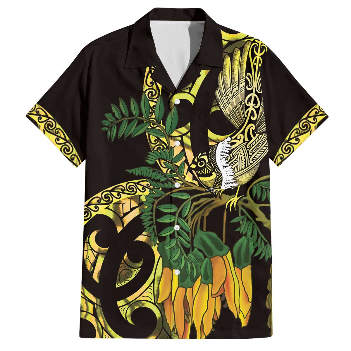Yellow New Zealand Kowhai And Piwakawaka Family Matching Off The Shoulder Long Sleeve Dress and Hawaiian Shirt Maori Ngaru Paua Shell