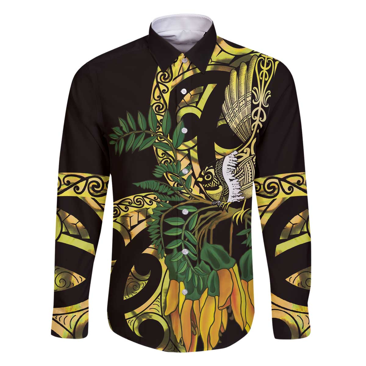 Yellow New Zealand Kowhai And Piwakawaka Family Matching Off The Shoulder Long Sleeve Dress and Hawaiian Shirt Maori Ngaru Paua Shell