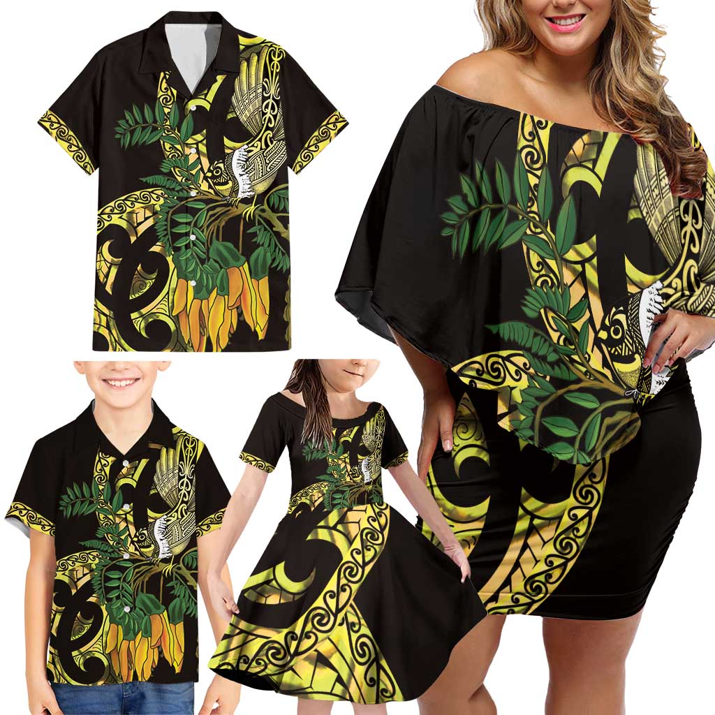 Yellow New Zealand Kowhai And Piwakawaka Family Matching Off Shoulder Short Dress and Hawaiian Shirt Maori Ngaru Paua Shell