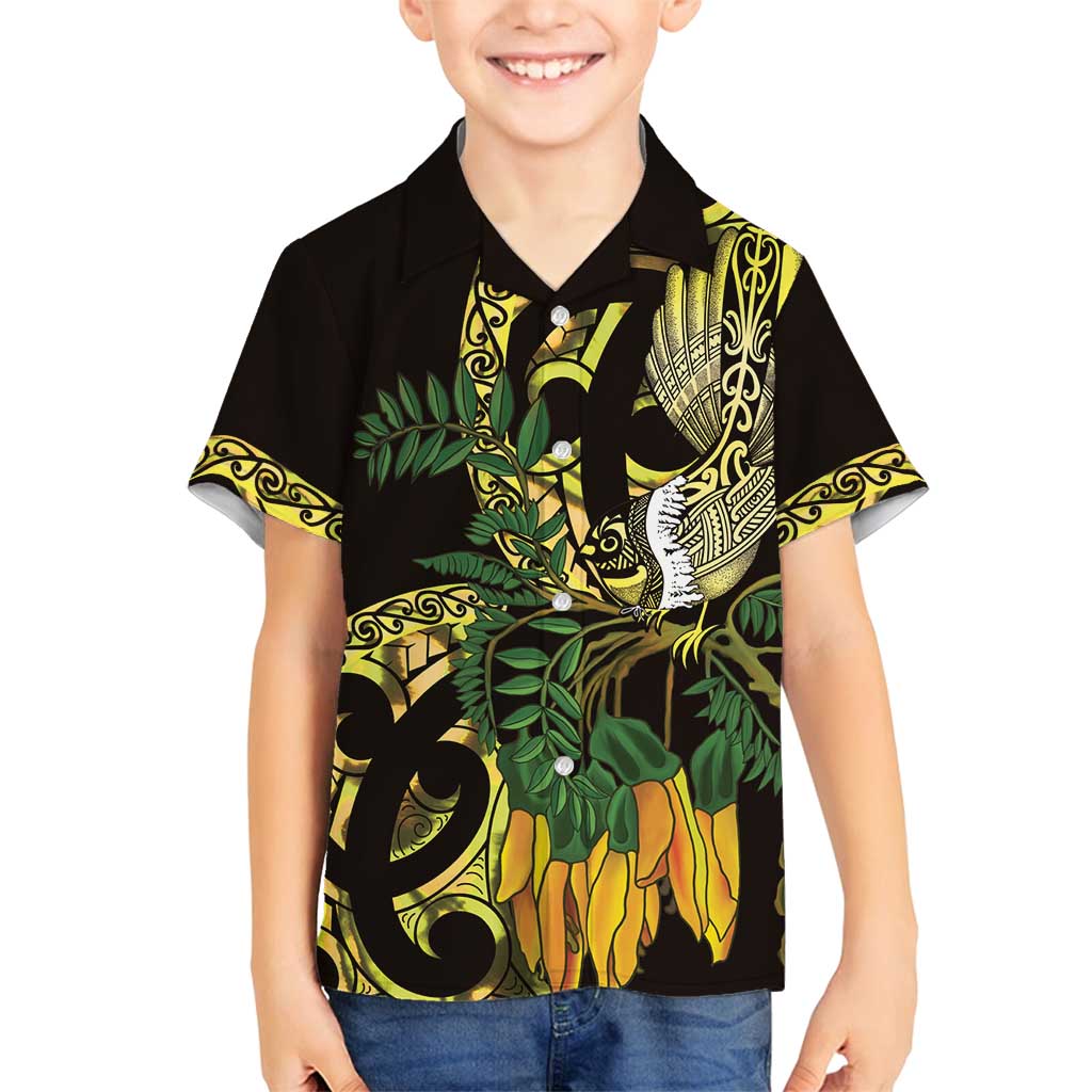Yellow New Zealand Kowhai And Piwakawaka Family Matching Puletasi and Hawaiian Shirt Maori Ngaru Paua Shell