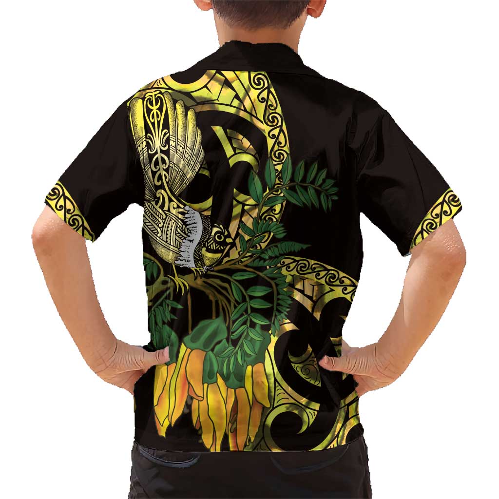 Yellow New Zealand Kowhai And Piwakawaka Family Matching Short Sleeve Bodycon Dress and Hawaiian Shirt Maori Ngaru Paua Shell