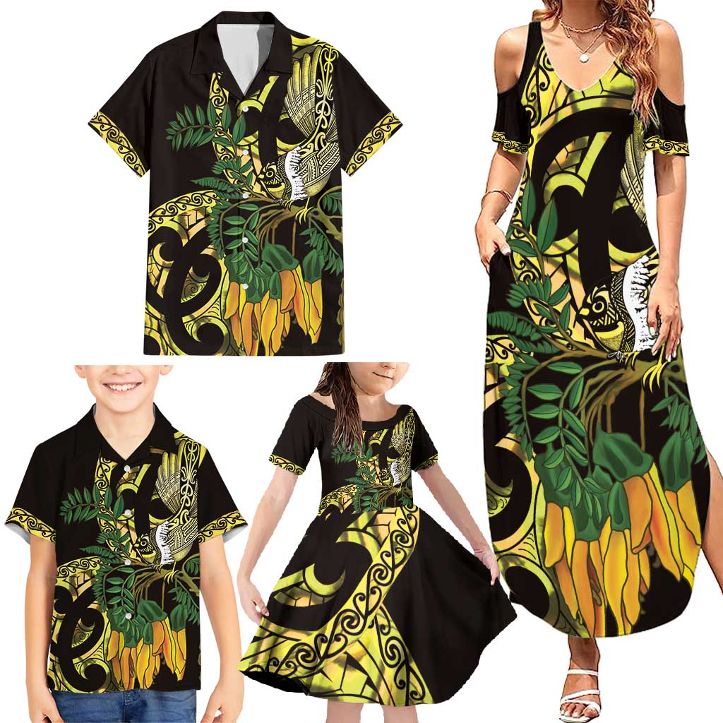 Yellow New Zealand Kowhai And Piwakawaka Family Matching Summer Maxi Dress and Hawaiian Shirt Maori Ngaru Paua Shell