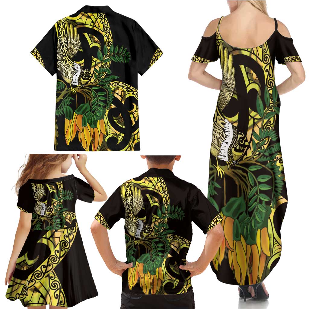 Yellow New Zealand Kowhai And Piwakawaka Family Matching Summer Maxi Dress and Hawaiian Shirt Maori Ngaru Paua Shell