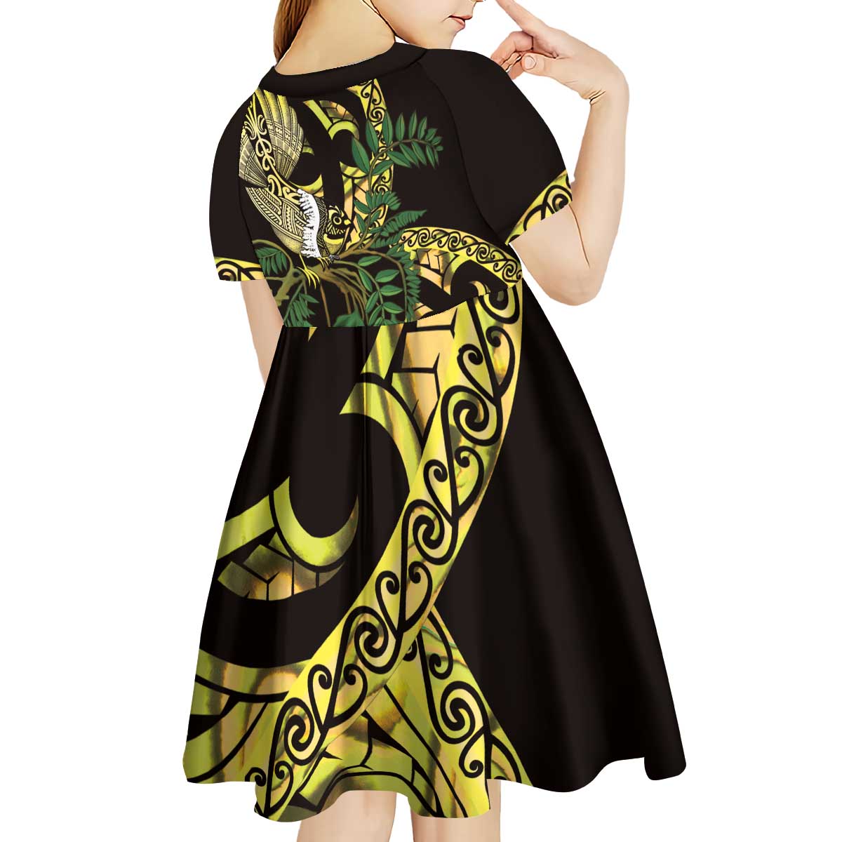Yellow New Zealand Kowhai And Piwakawaka Kid Short Sleeve Dress Maori Ngaru Paua Shell