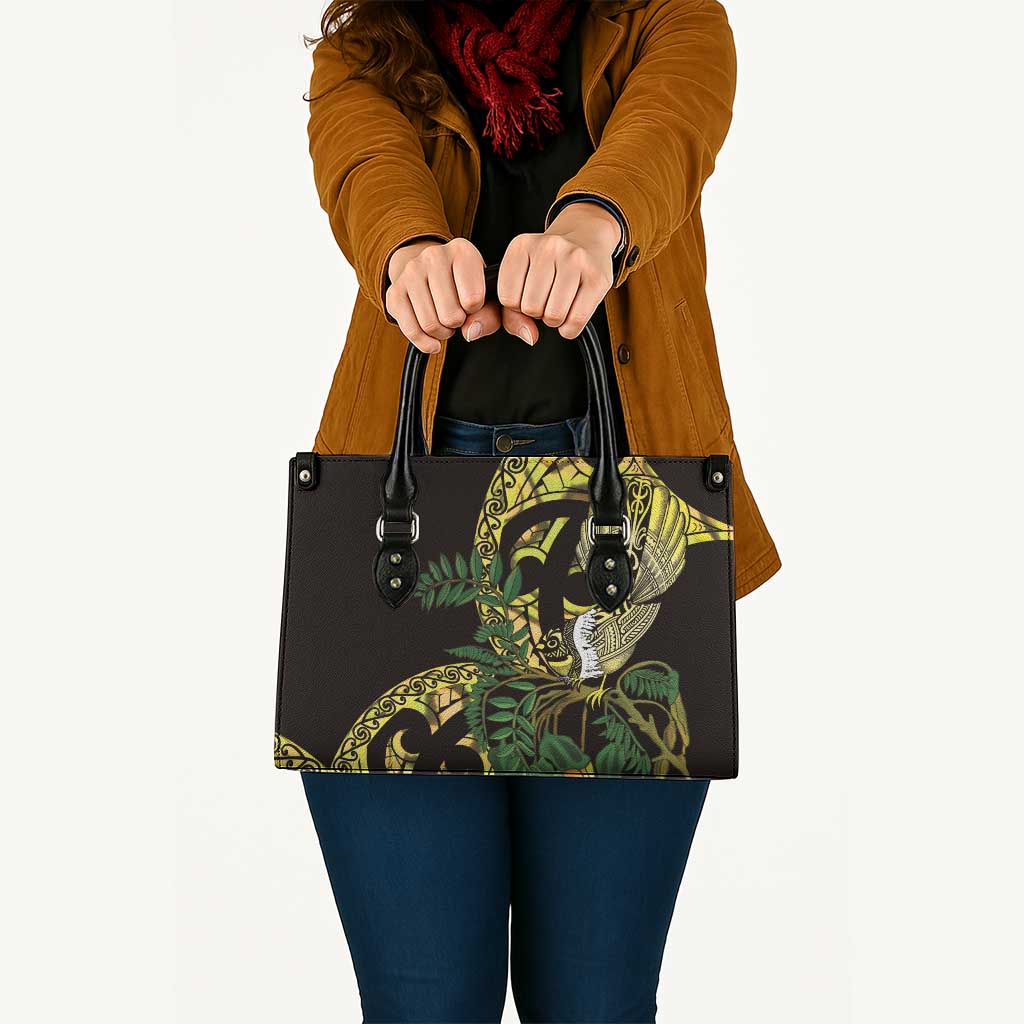 Yellow New Zealand Kowhai And Piwakawaka Leather Bag Maori Ngaru Paua Shell - Polynesian Pride