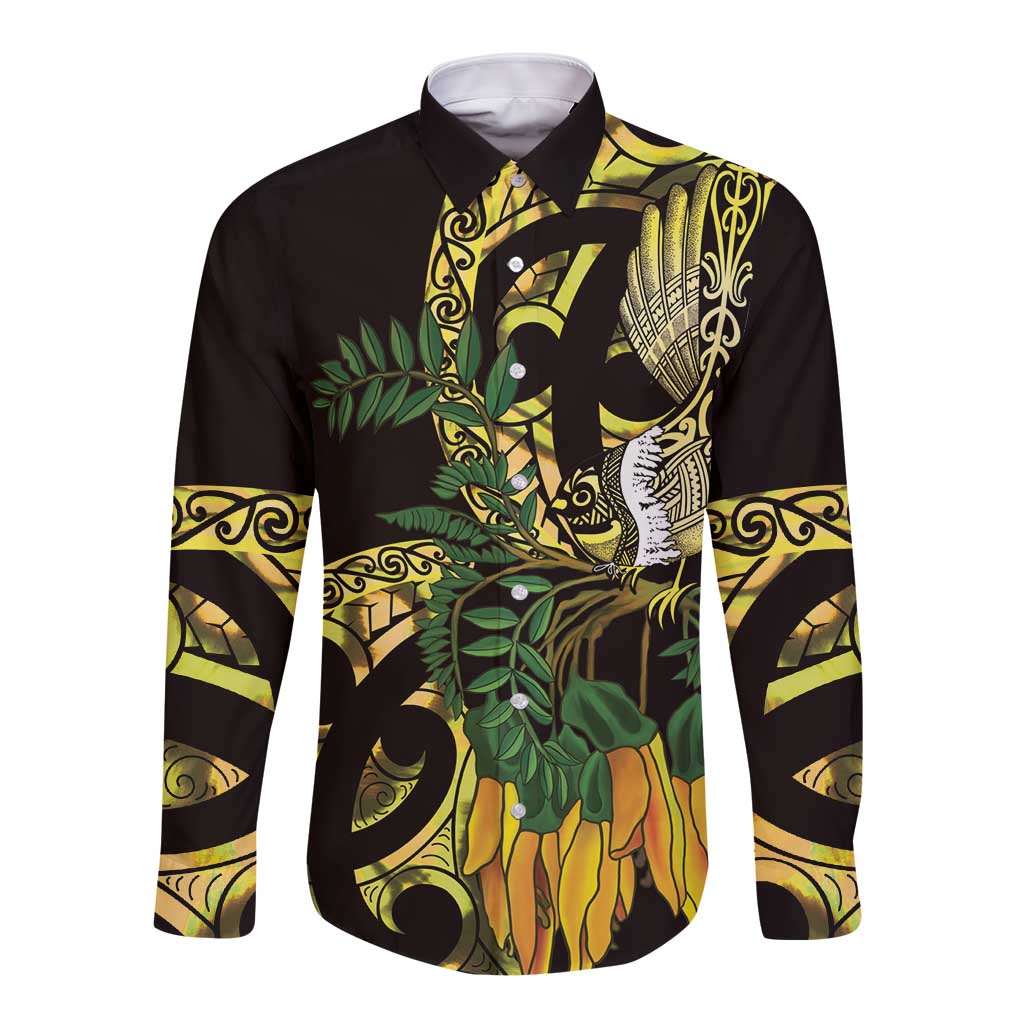 Yellow New Zealand Kowhai And Piwakawaka Long Sleeve Button Shirt Maori Ngaru Paua Shell