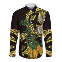 Yellow New Zealand Kowhai And Piwakawaka Long Sleeve Button Shirt Maori Ngaru Paua Shell