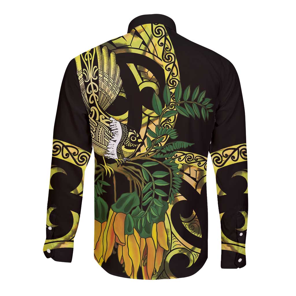 Yellow New Zealand Kowhai And Piwakawaka Long Sleeve Button Shirt Maori Ngaru Paua Shell