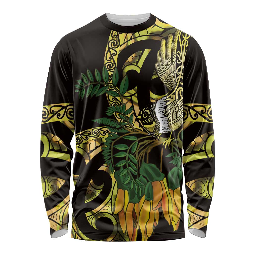 Yellow New Zealand Kowhai And Piwakawaka Long Sleeve Shirt Maori Ngaru Paua Shell