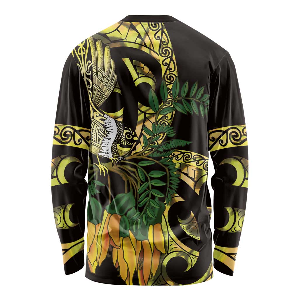 Yellow New Zealand Kowhai And Piwakawaka Long Sleeve Shirt Maori Ngaru Paua Shell