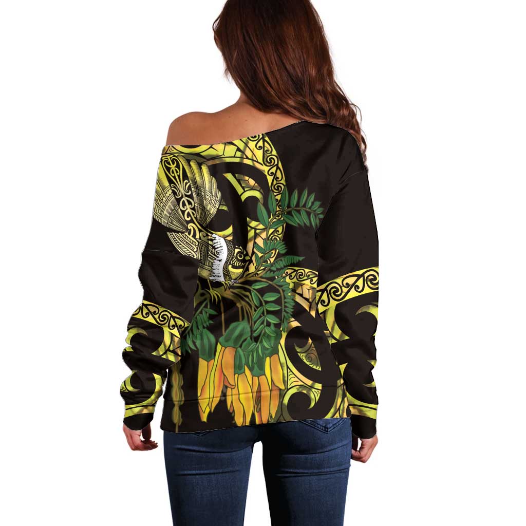 Yellow New Zealand Kowhai And Piwakawaka Off Shoulder Sweater Maori Ngaru Paua Shell