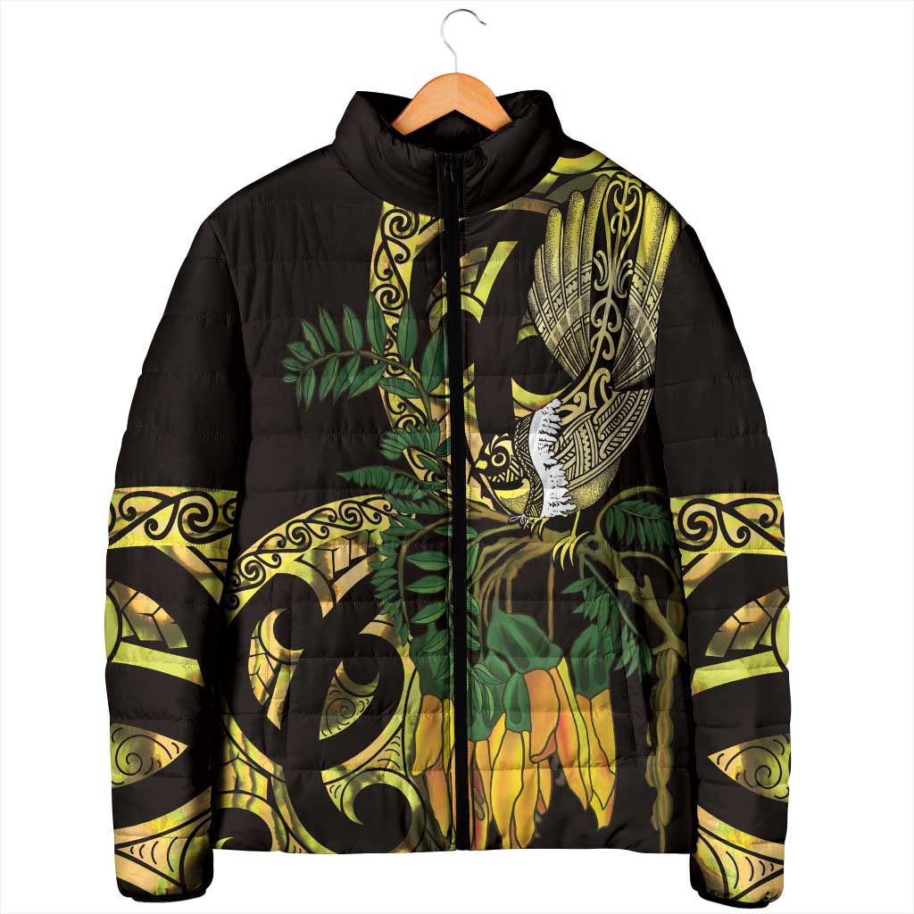 Yellow New Zealand Kowhai And Piwakawaka Padded Jacket Maori Ngaru Paua Shell - Polynesian Pride