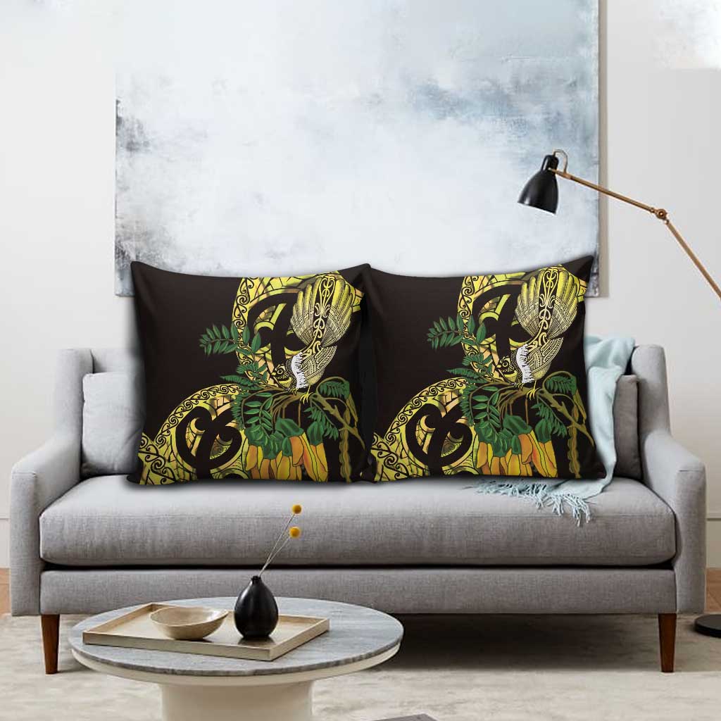 Yellow New Zealand Kowhai And Piwakawaka Pillow Cover Maori Ngaru Paua Shell - Polynesian Pride
