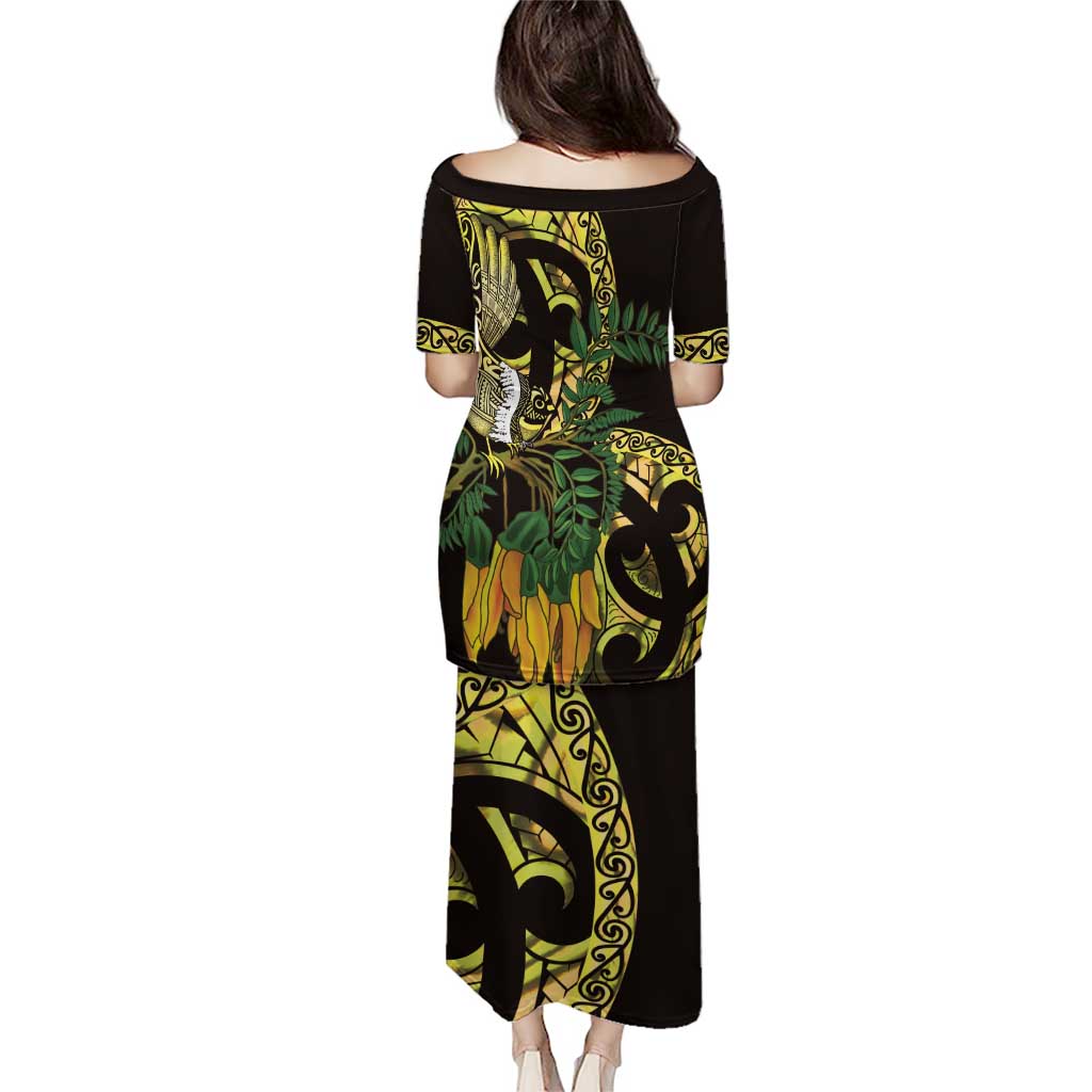 Yellow New Zealand Kowhai And Piwakawaka Puletasi Maori Ngaru Paua Shell