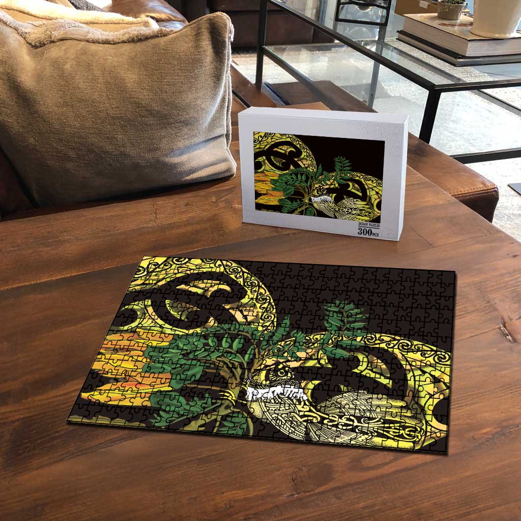 Yellow New Zealand Kowhai And Piwakawaka Puzzle Maori Ngaru Paua Shell - Polynesian Pride