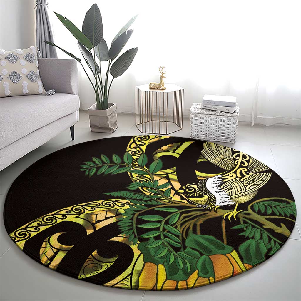 Yellow New Zealand Kowhai And Piwakawaka Round Carpet Maori Ngaru Paua Shell
