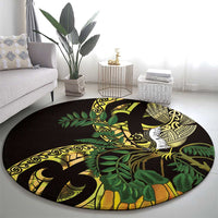 Yellow New Zealand Kowhai And Piwakawaka Round Carpet Maori Ngaru Paua Shell