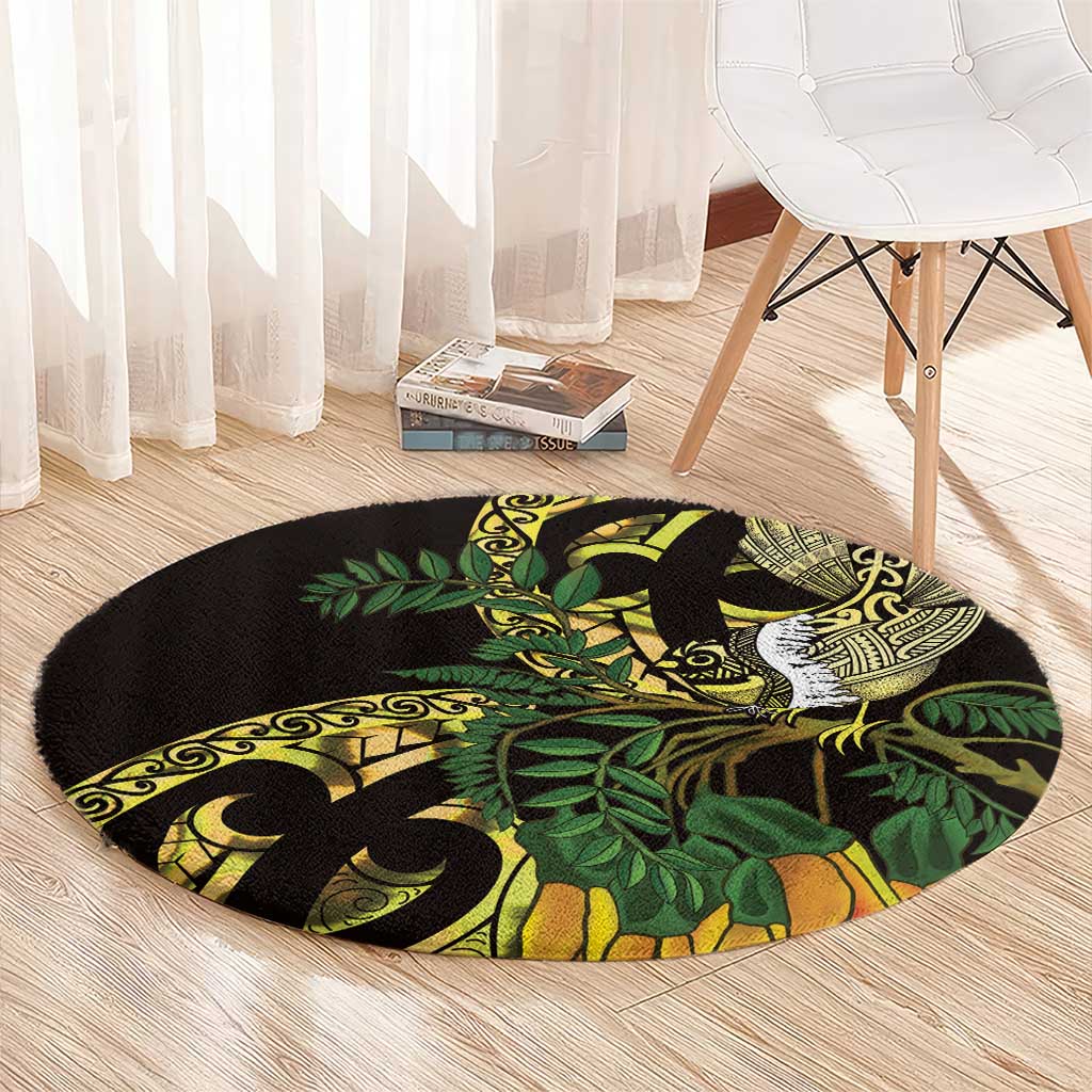 Yellow New Zealand Kowhai And Piwakawaka Round Carpet Maori Ngaru Paua Shell