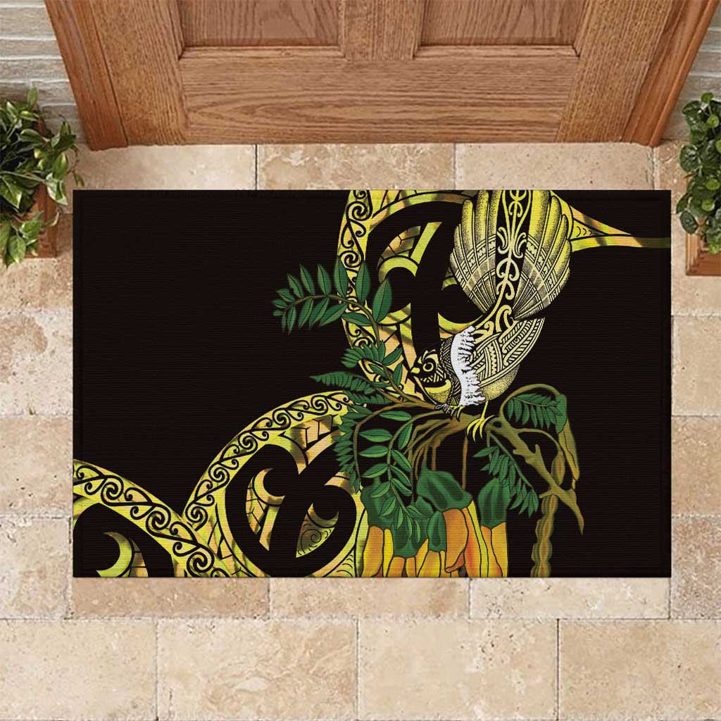 Yellow New Zealand Kowhai And Piwakawaka Rubber Doormat Maori Ngaru Paua Shell