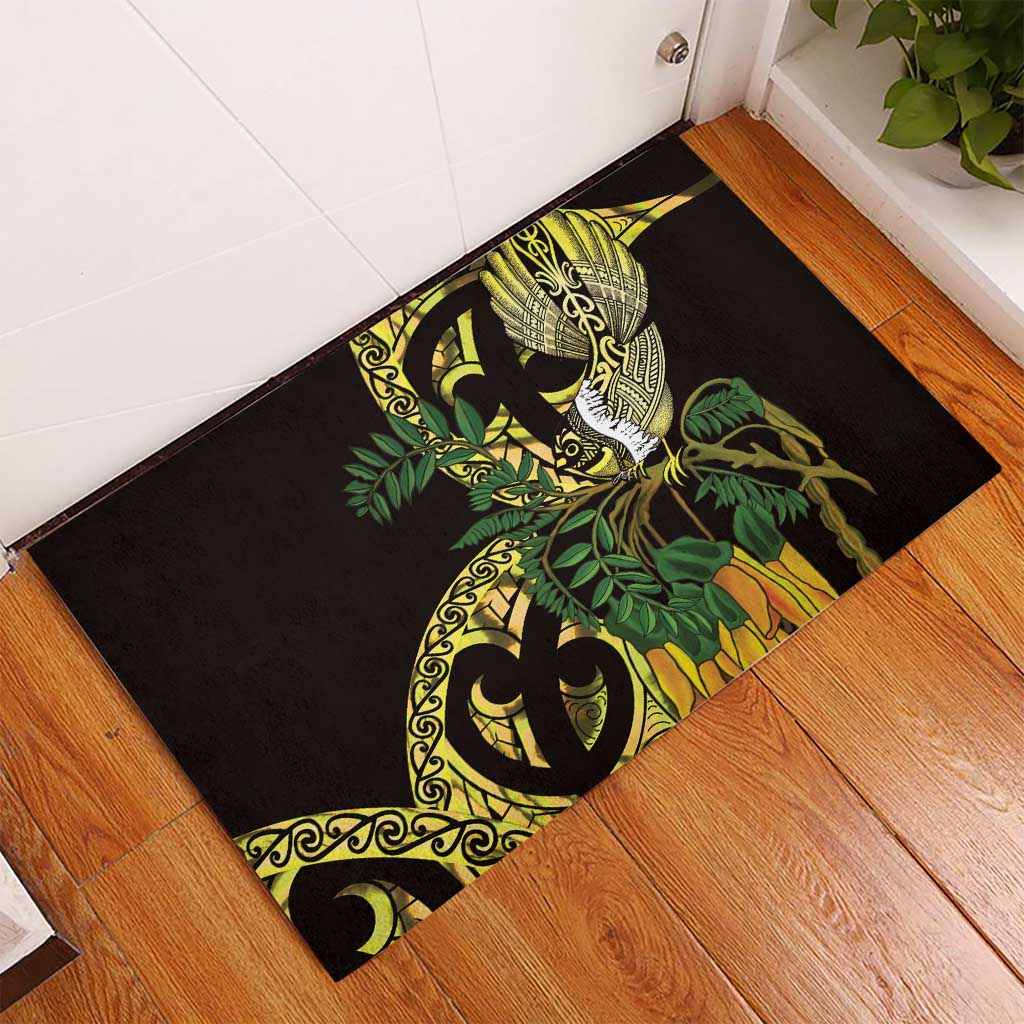 Yellow New Zealand Kowhai And Piwakawaka Rubber Doormat Maori Ngaru Paua Shell