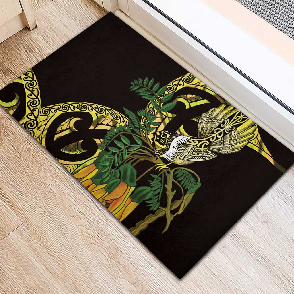 Yellow New Zealand Kowhai And Piwakawaka Rubber Doormat Maori Ngaru Paua Shell