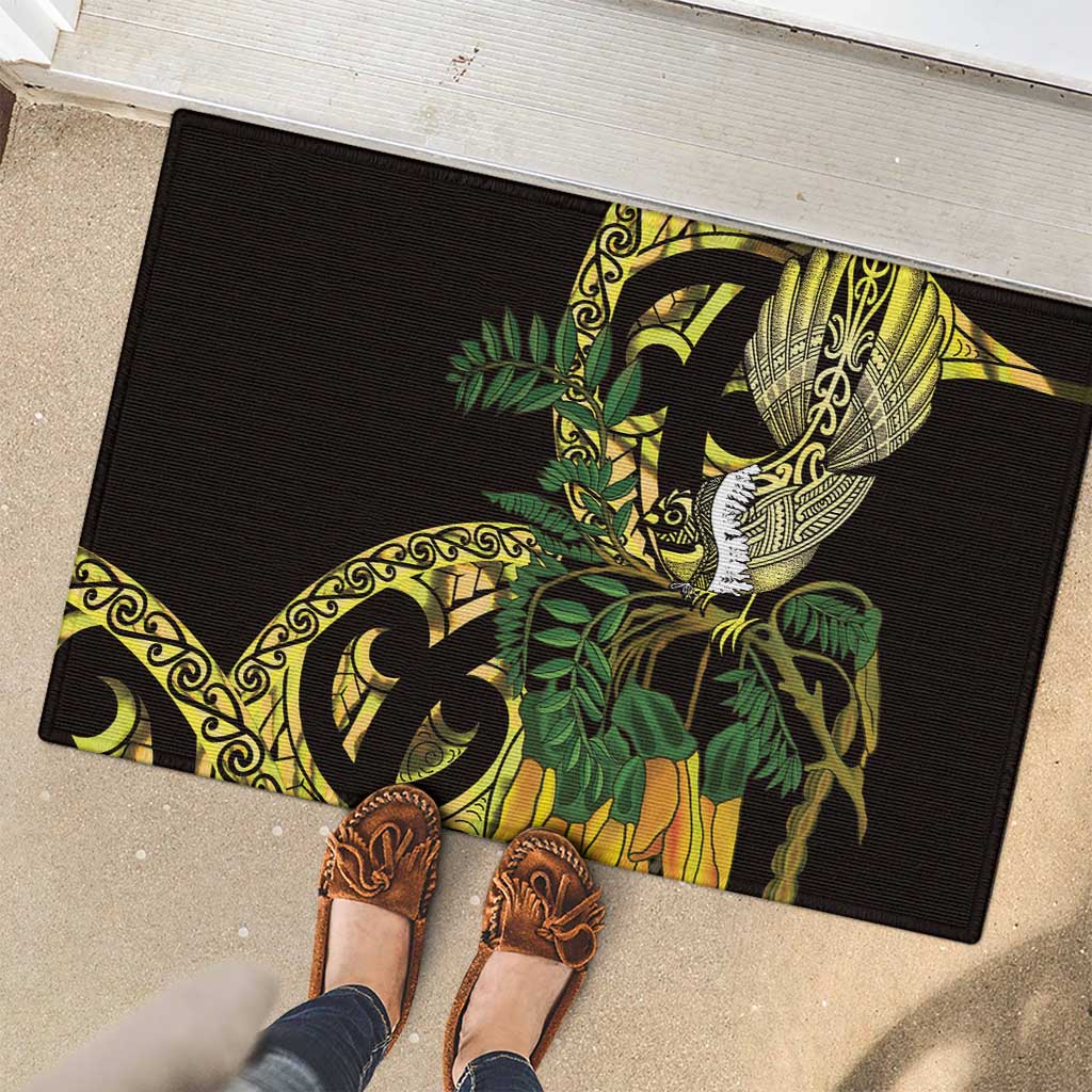 Yellow New Zealand Kowhai And Piwakawaka Rubber Doormat Maori Ngaru Paua Shell