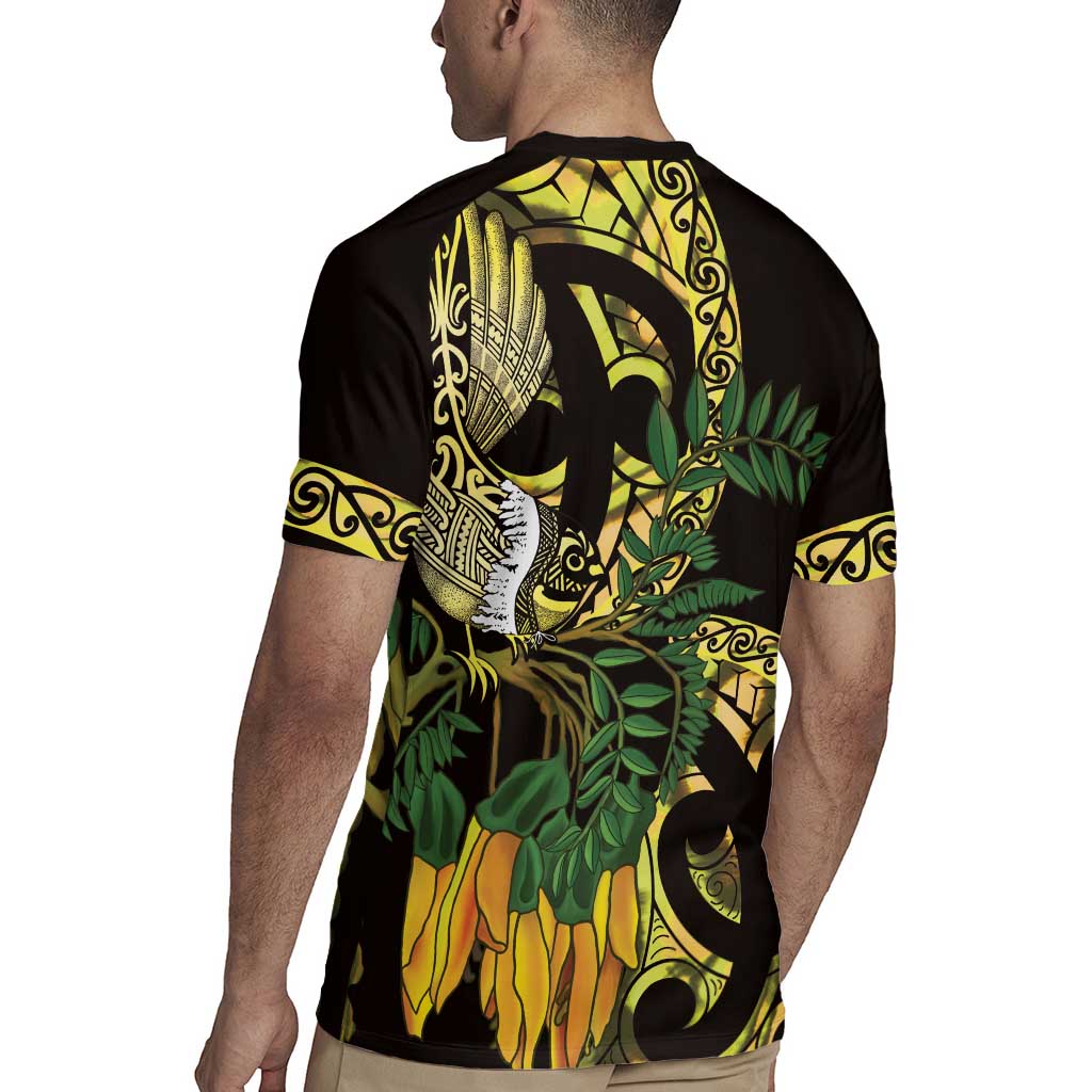 Yellow New Zealand Kowhai And Piwakawaka Rugby Jersey Maori Ngaru Paua Shell