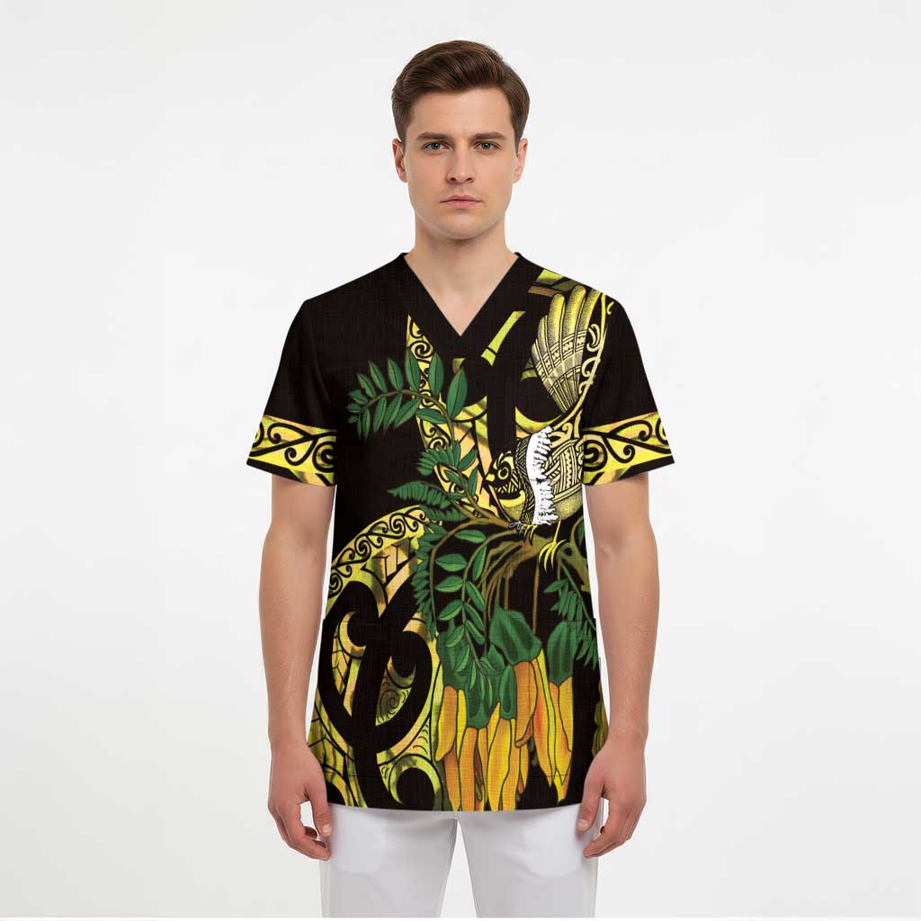 Yellow New Zealand Kowhai And Piwakawaka Scrub Top Maori Ngaru Paua Shell - Polynesian Pride