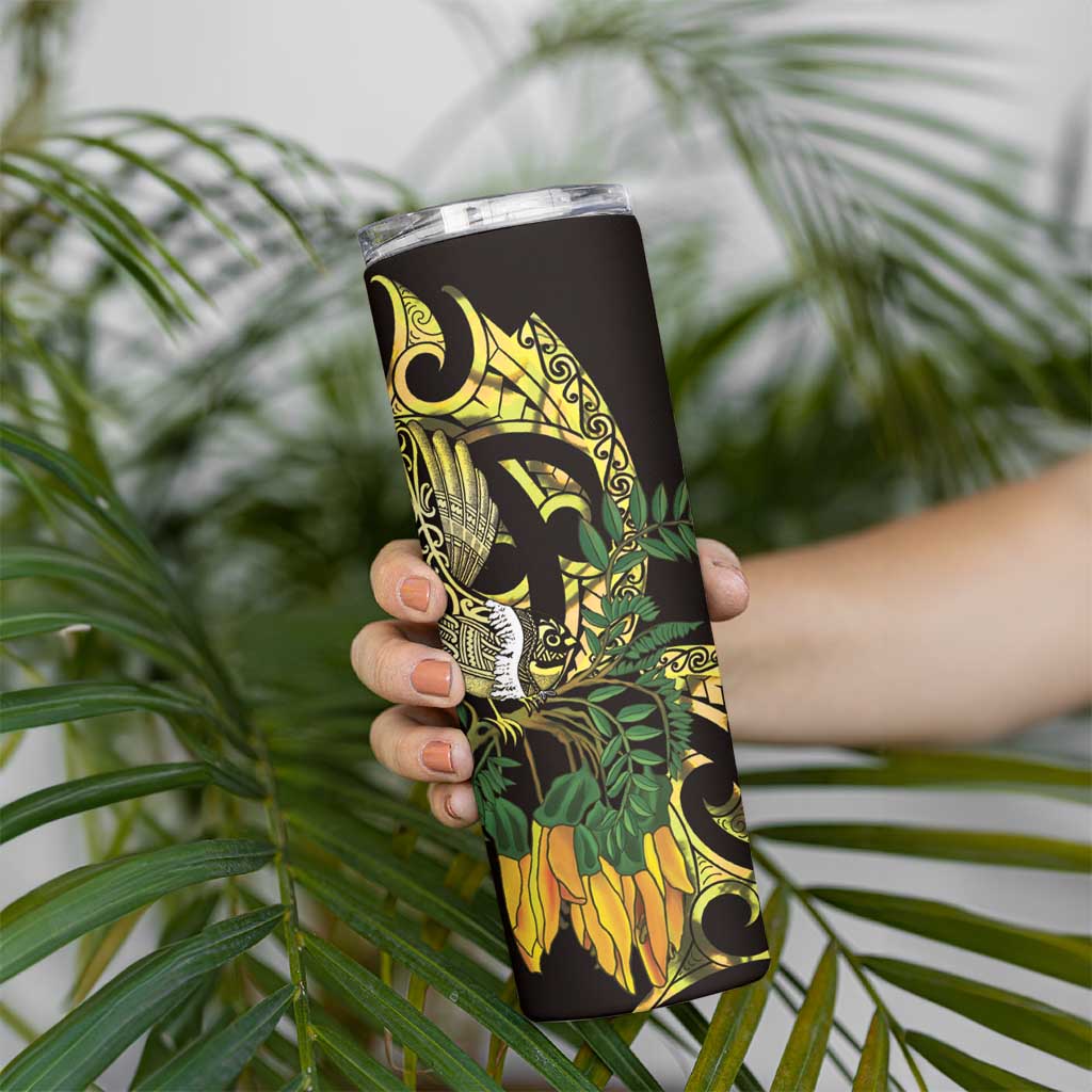 Yellow New Zealand Kowhai And Piwakawaka Skinny Tumbler Maori Ngaru Paua Shell LT14 - Polynesian Pride