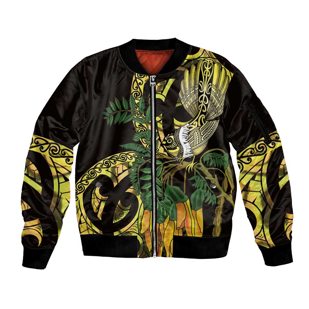 Yellow New Zealand Kowhai And Piwakawaka Sleeve Zip Bomber Jacket Maori Ngaru Paua Shell