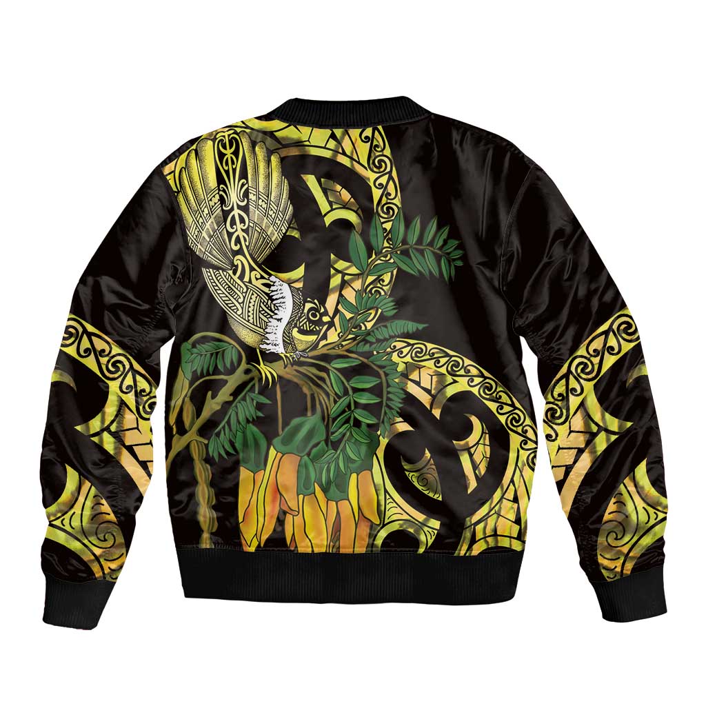 Yellow New Zealand Kowhai And Piwakawaka Sleeve Zip Bomber Jacket Maori Ngaru Paua Shell