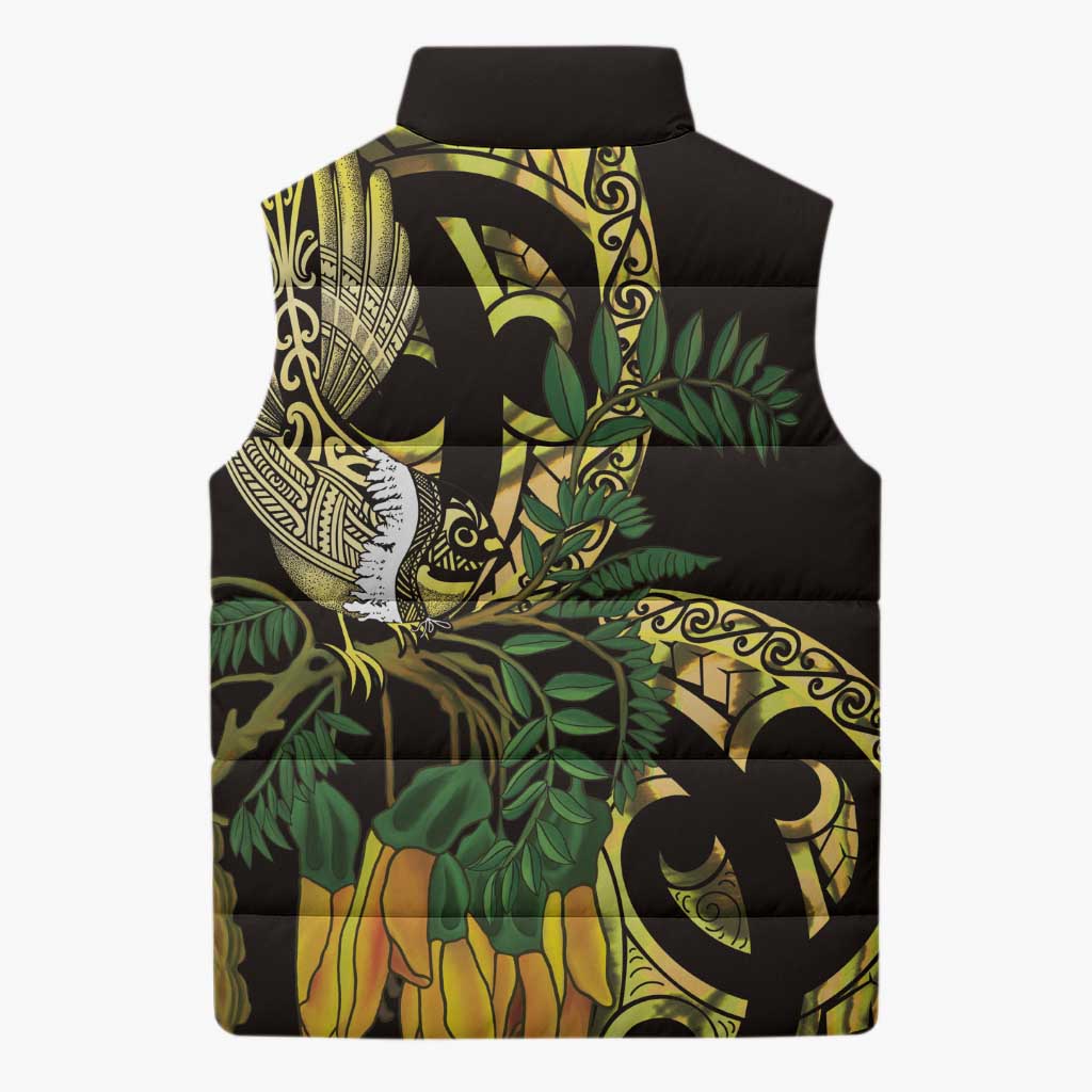 Yellow New Zealand Kowhai And Piwakawaka Sleeveless Puffer Jacket Maori Ngaru Paua Shell - Polynesian Pride