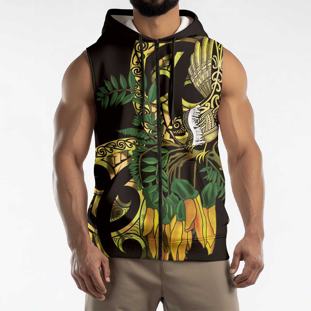 Yellow New Zealand Kowhai And Piwakawaka Sleeveless Zip Hoodie Maori Ngaru Paua Shell LT14 - Polynesian Pride