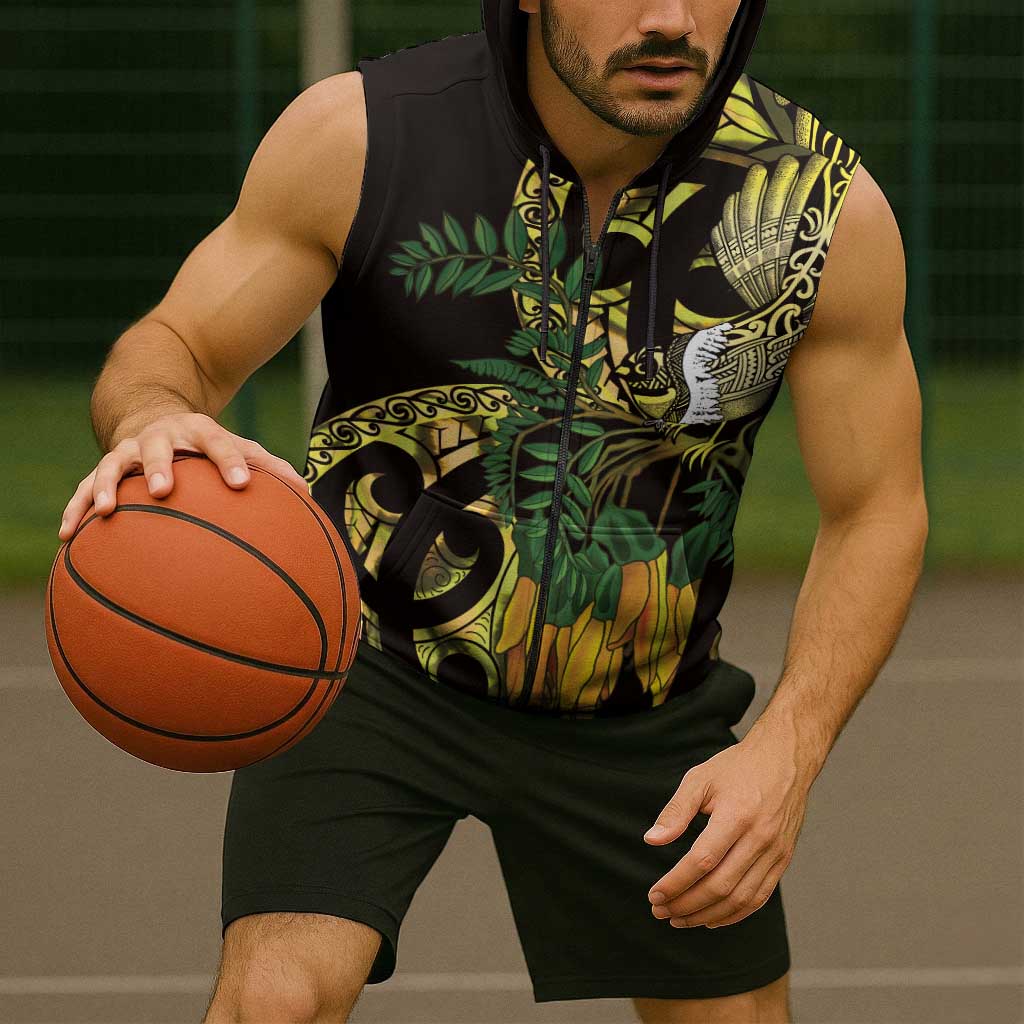 Yellow New Zealand Kowhai And Piwakawaka Sleeveless Zip Hoodie Maori Ngaru Paua Shell LT14 - Polynesian Pride