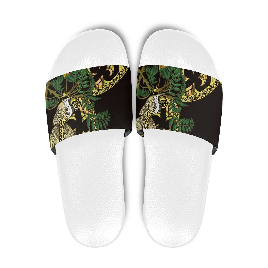 Yellow New Zealand Kowhai And Piwakawaka Slide Sandals Maori Ngaru Paua Shell - Polynesian Pride