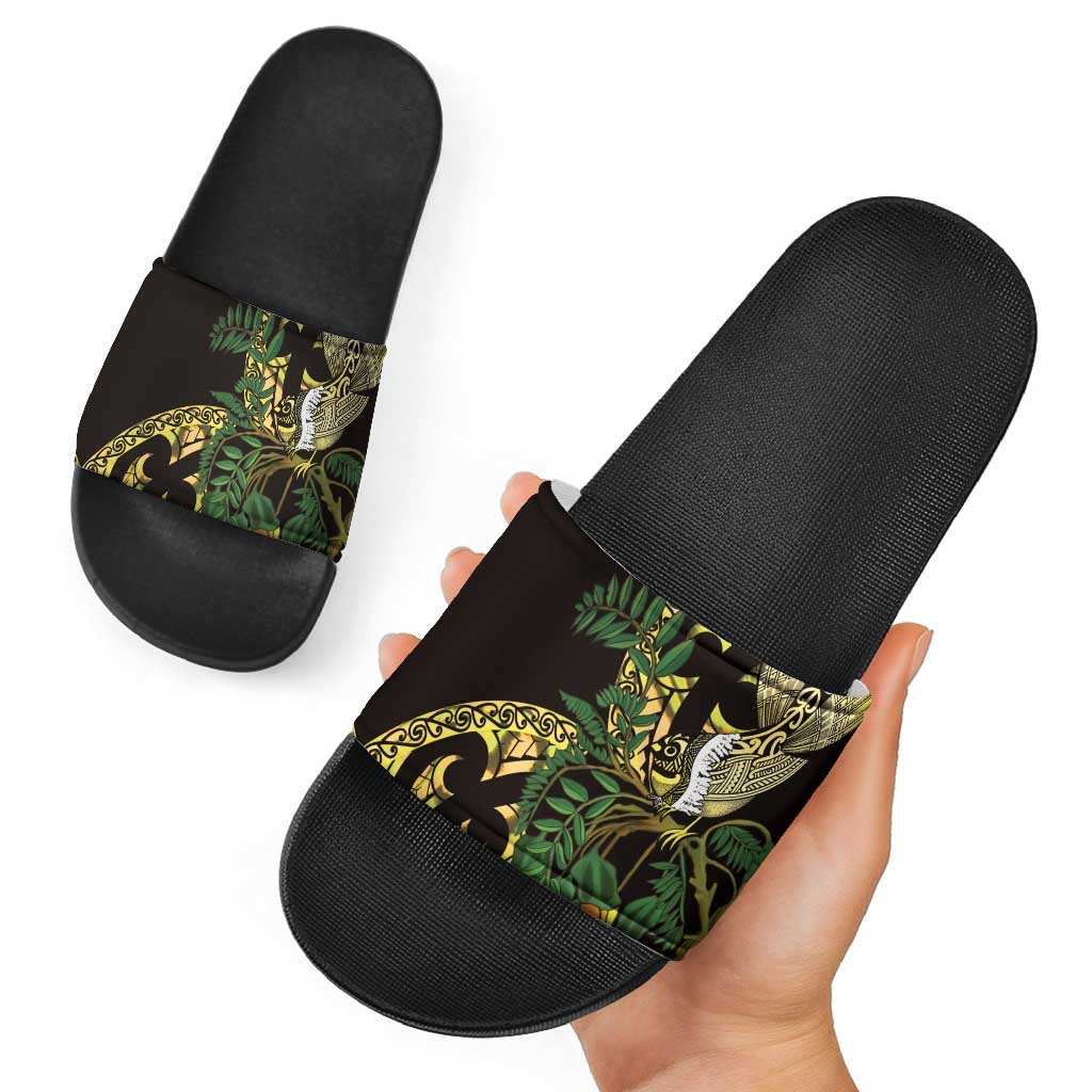 Yellow New Zealand Kowhai And Piwakawaka Slide Sandals Maori Ngaru Paua Shell - Polynesian Pride