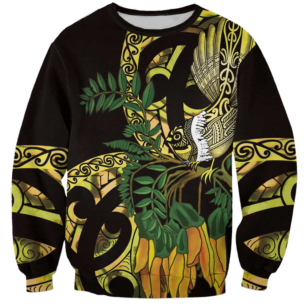 Yellow New Zealand Kowhai And Piwakawaka Sweatshirt Maori Ngaru Paua Shell