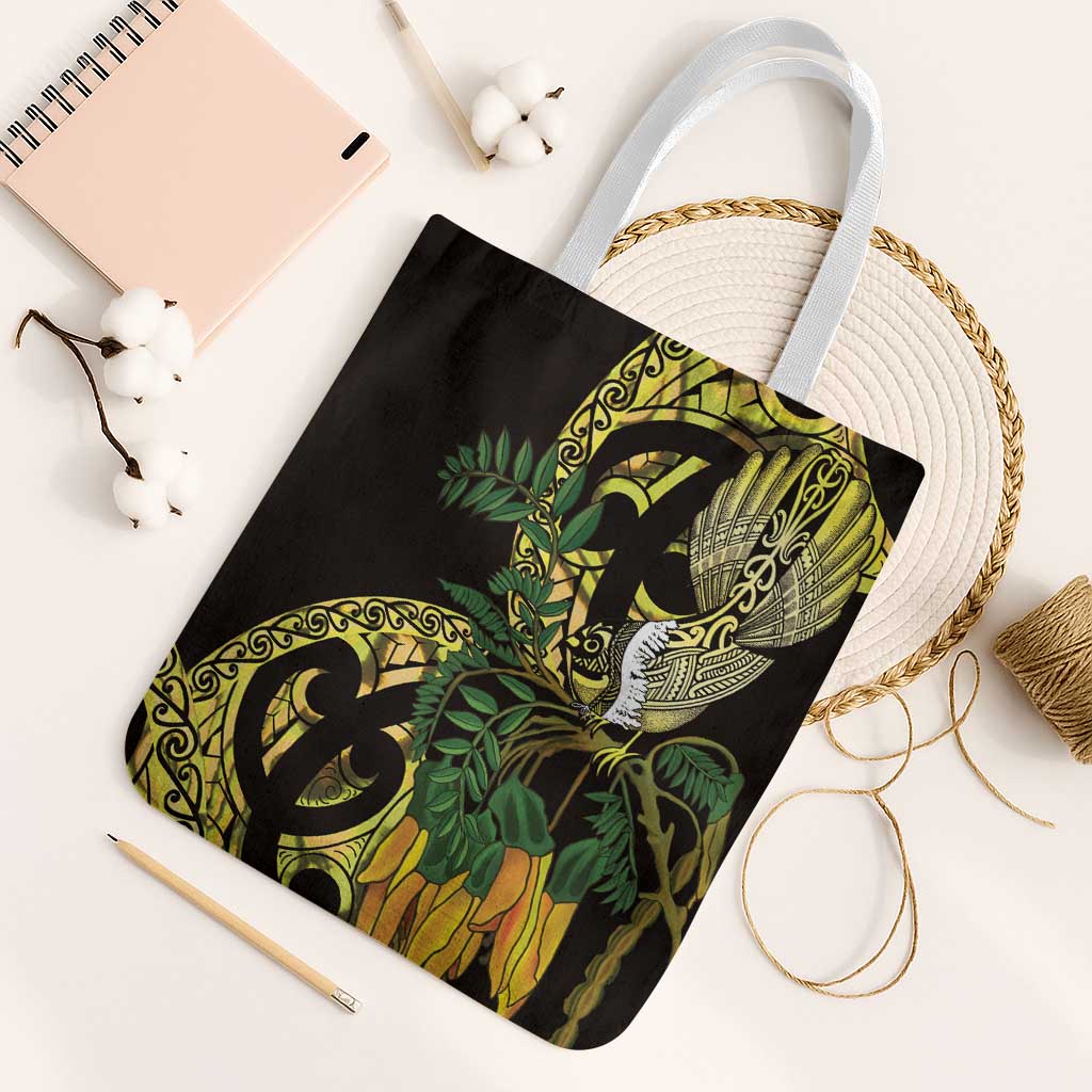 Yellow New Zealand Kowhai And Piwakawaka Tote Bag Maori Ngaru Paua Shell - Polynesian Pride
